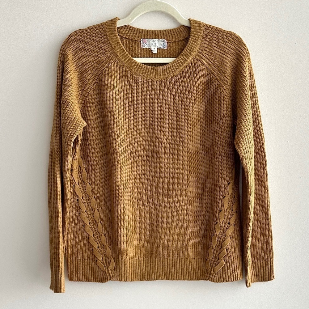 Pink Rose Gold Cable Knit Sweater, Crewneck Sweater, Size Medium